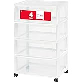 IRIS USA Plastic Drawer Storage Organizer Rolling Cart, with Wheels Casters, 4-Drawers, for Art Craft Supplies Bathroom Dorm Bedroom Laundry Room, Wide, White/Clear