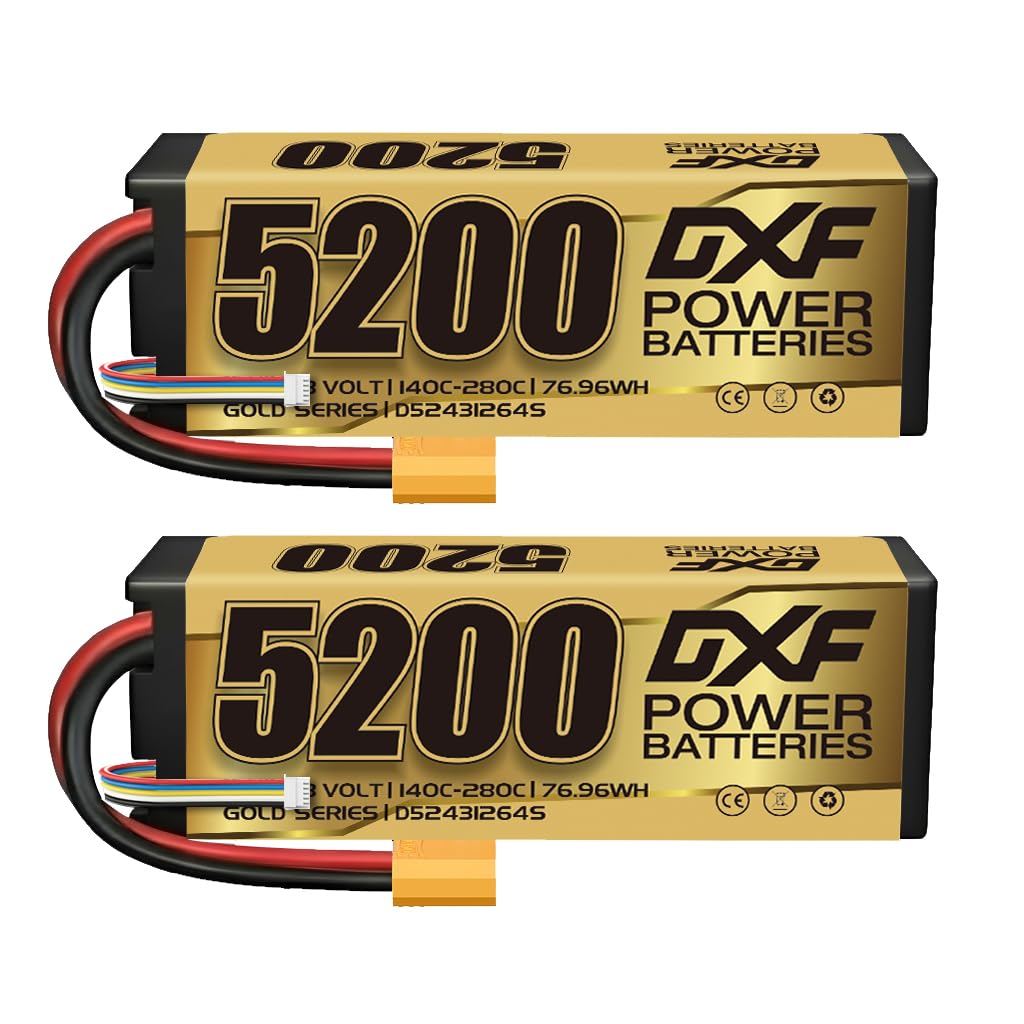 DXF 4S LiPo Battery 14.8V 5200mAh 140C Hard Case RC Battery Pack with EC5 Connector, 2 Pack Rechargeable Lithium Polymer Batteries for 1/8 1/10 Scale RC Car Truck Buggy Truggy Boat Helicopter Plane