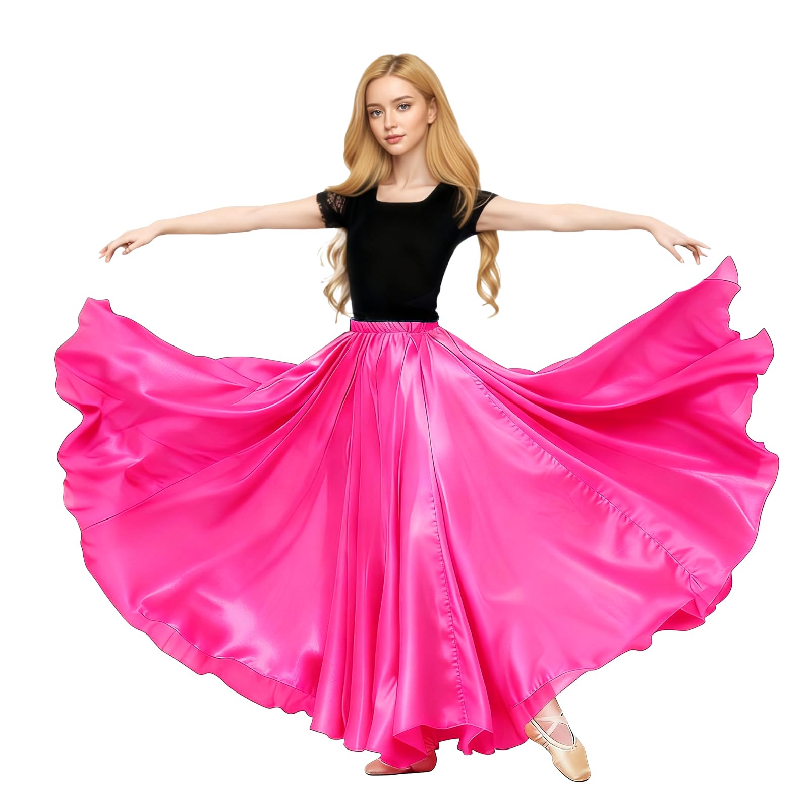 Baisdan Satin Skirt Belly Dance Costume Festival Maxi Full Long Swing Skirt Rose Pink