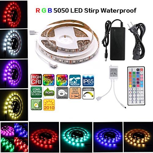 Led Strip Lights,5050 RGB Changing Color Strip Kit, Waterproof Strip Lamp With DC12V/4A Power Adapter And +44 Keys Remote Controller For Party,Bedroom ,patio,car,And Decoration.(5m,16.4ft/reel),