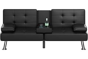 Acurax Modern Black Couch,Stylish Faux Leather Futon Sofa Bed for Home Sofa Living Room, Convertible Folding Lounge Couch,2 Cup Holders, Removable Soft Armrests,Metal Legs,Couches for Living Room