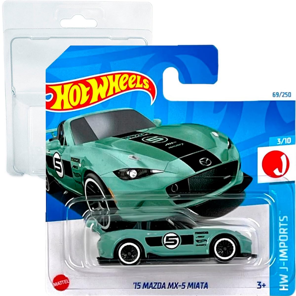 Friki Monkey Hot Wheels '15 Mazda MX-5 Miata HW J-Imports 3/10 (69/250) HTC42 Short Card Mattel 2024 + Blister & Card Protector Pack