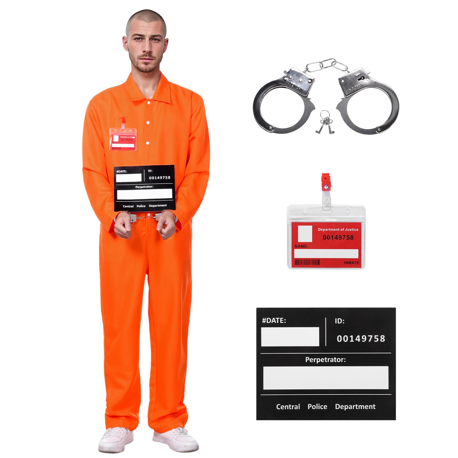 Angenster Prisoner Costume Suit, Prisoner Outfit Orange Jumpsuit Prisoner Fancy Dress with Handcuffs Information Board Name Badge Card, Prisoner Costume Men Women for Halloween Carnival (Orange, XL)