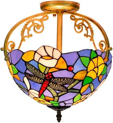 Vindeng Dragonfly Tiffany Style Colorful Ceiling Light Semi Flush