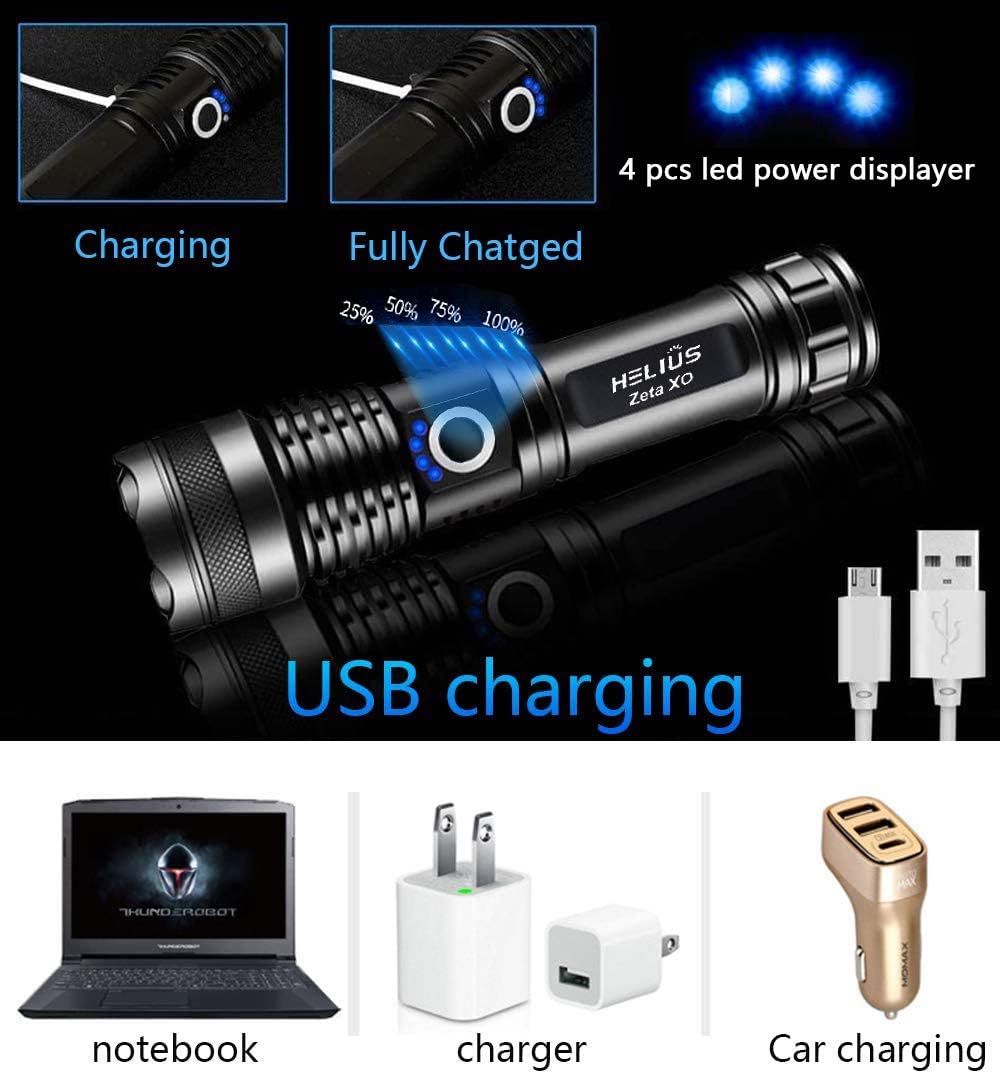 Helius LED tactical flashlight 3000 lumens, 5 Modes, rechargeable, Zoomable, Power Display, Waterproof, flashlights for emergencies, Handheld Light - Apply to Camping/Hiking/military/running etc - - 