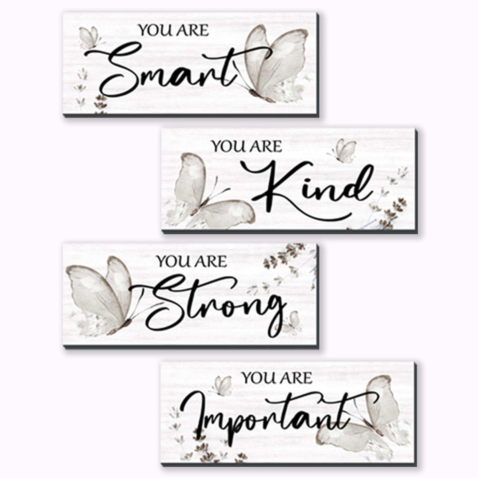 DONFENTHY 4 Pcs Butterfly Wall Decor Black Room Decor Wooden Positive Butterfly Decor with Inspirational Word Black White Grey for Women Room Bathroom Bedroom Office(Black,10x4 In)