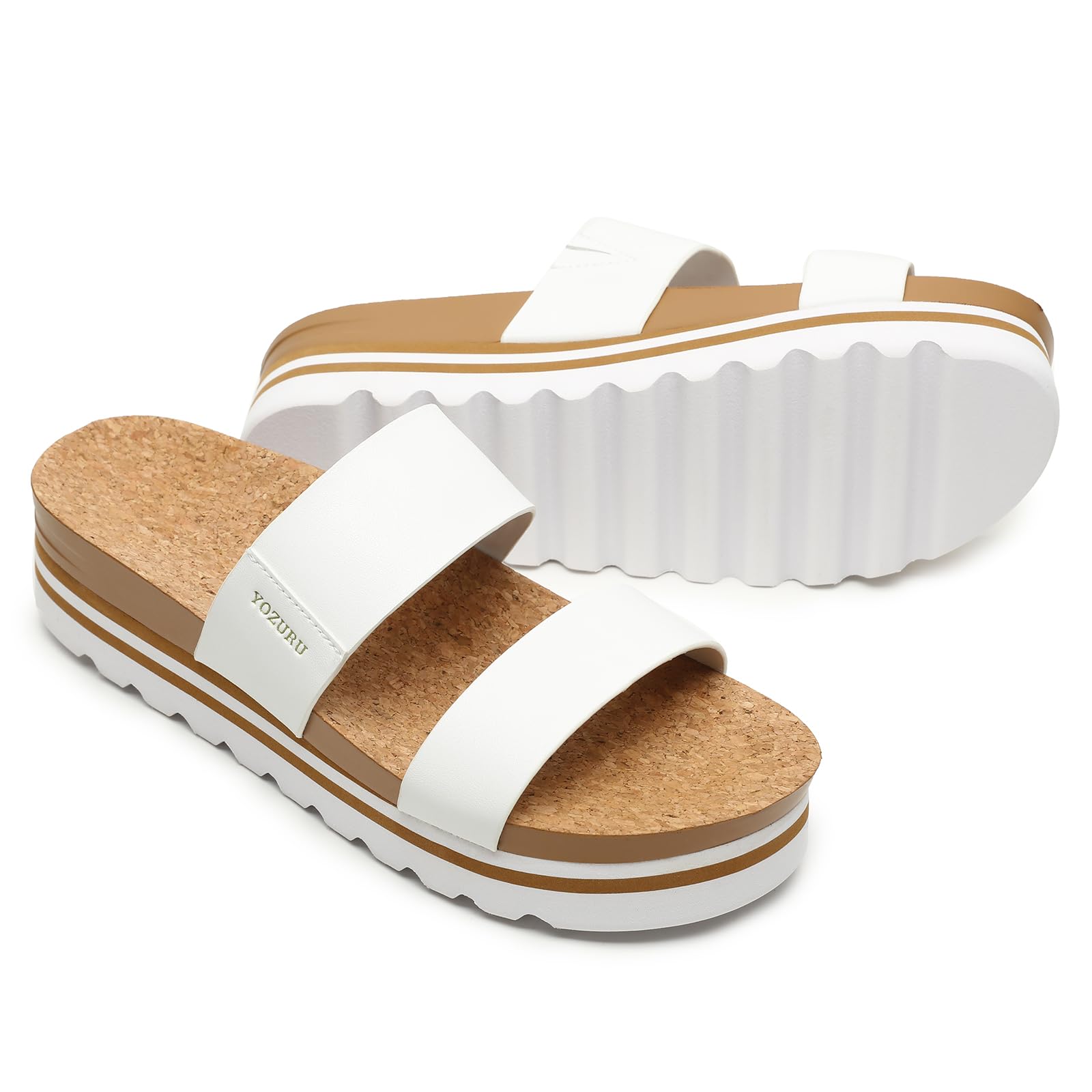 Photo 1 of Yozuru Womens Platform Sandals with Arch Support Slip on Slides Comfortable Summer Beach Sandals Cork Footbed Cushion Wedge Sandals for Women