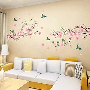 Pared Rosa Rosa Pegatina Con-By-S Melocotón Cereza Flor Mariposa-En-La