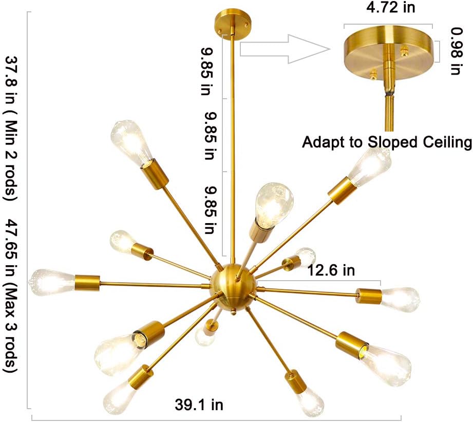 LynPon Sputnik Chandelier 12 Lights Modern Gold Brass Ceiling Light Fixture Industrial Vintage Pendant Lighting for Dining Room Kitchen Living Room Bedroom - - 