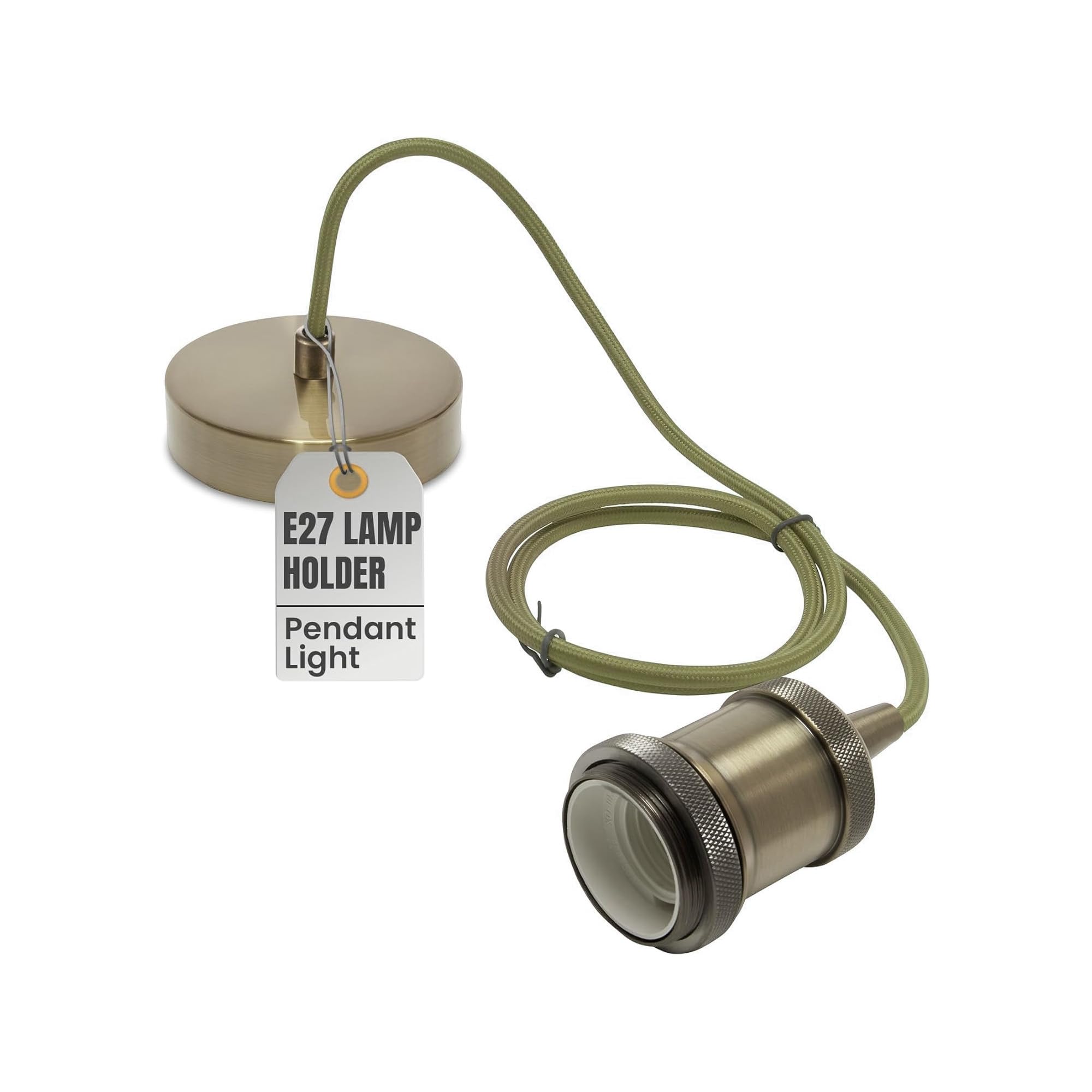 LEDSone Green Brass Vintage Metal Ceiling Pendant Light Fitting Army Green Round Braided Flex 1m Cable, E27 Lamp Holder Suspended Pendant Light Fitting Kit