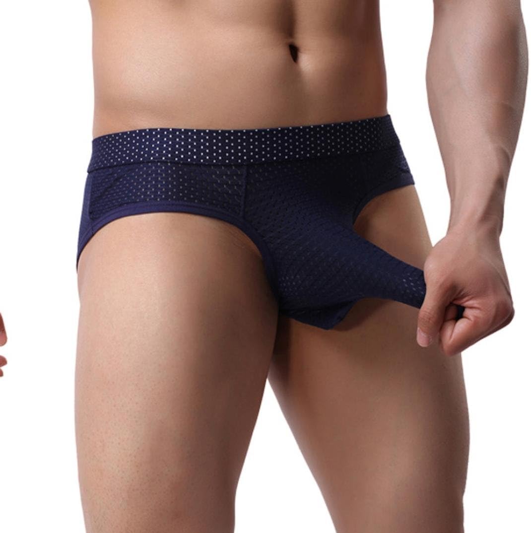 Vanvler Sexy Men Ventilation Underwear Cotton Boxers Men Mesh Long Bulge Pouch Shorts (M, Dark Blue)