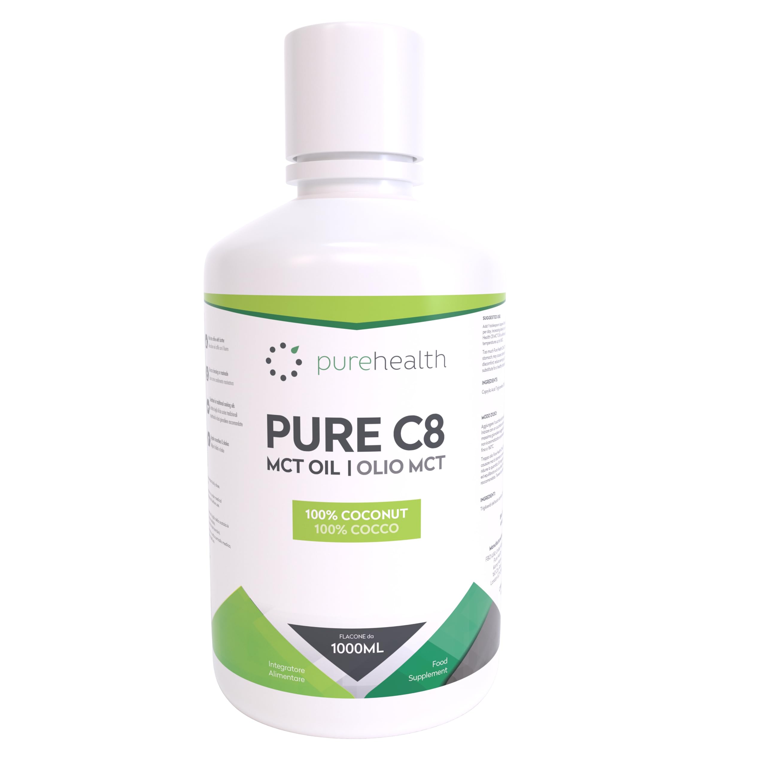 Pure Health C8 MCT Oil, Premium 100% Coconut Zero Palm Oil, Perfect for Keto Diets, Fasting & Bulletproof Coffee, Non-GMO, BPA Free(1L)