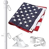 American Flag with Pole for House, 5FT Flag Pole Kit with us flag 3x5 heavy duty outdoor indestructible, Tangle Free Flag Pole with Bracket for Residential, Commercial, Outdoors Garden, White