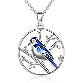 OSCCI Blue Jay Pendant Necklace for Women Personalized Blue Bird Round Necklace Animal Lover Jewelry