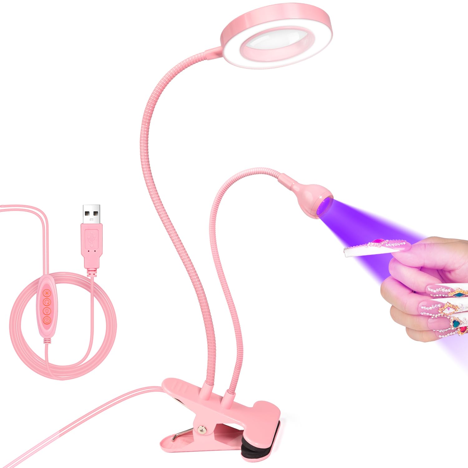 Photo 1 of AORAEM LED UV Nail Lamp: Double-Headed Gooseneck U V Lamp for Gel Nails, LED Flash Cure Light with 6X Magnifier Home DIY Salon, Pink