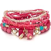 LXSSLY 8Pcs Bohemian Stackable Beaded Bracelets Set for Women,Handmade Layered Strand Bead Bracelets, Boho Crystal Elastic Stretch Bracelets for Women