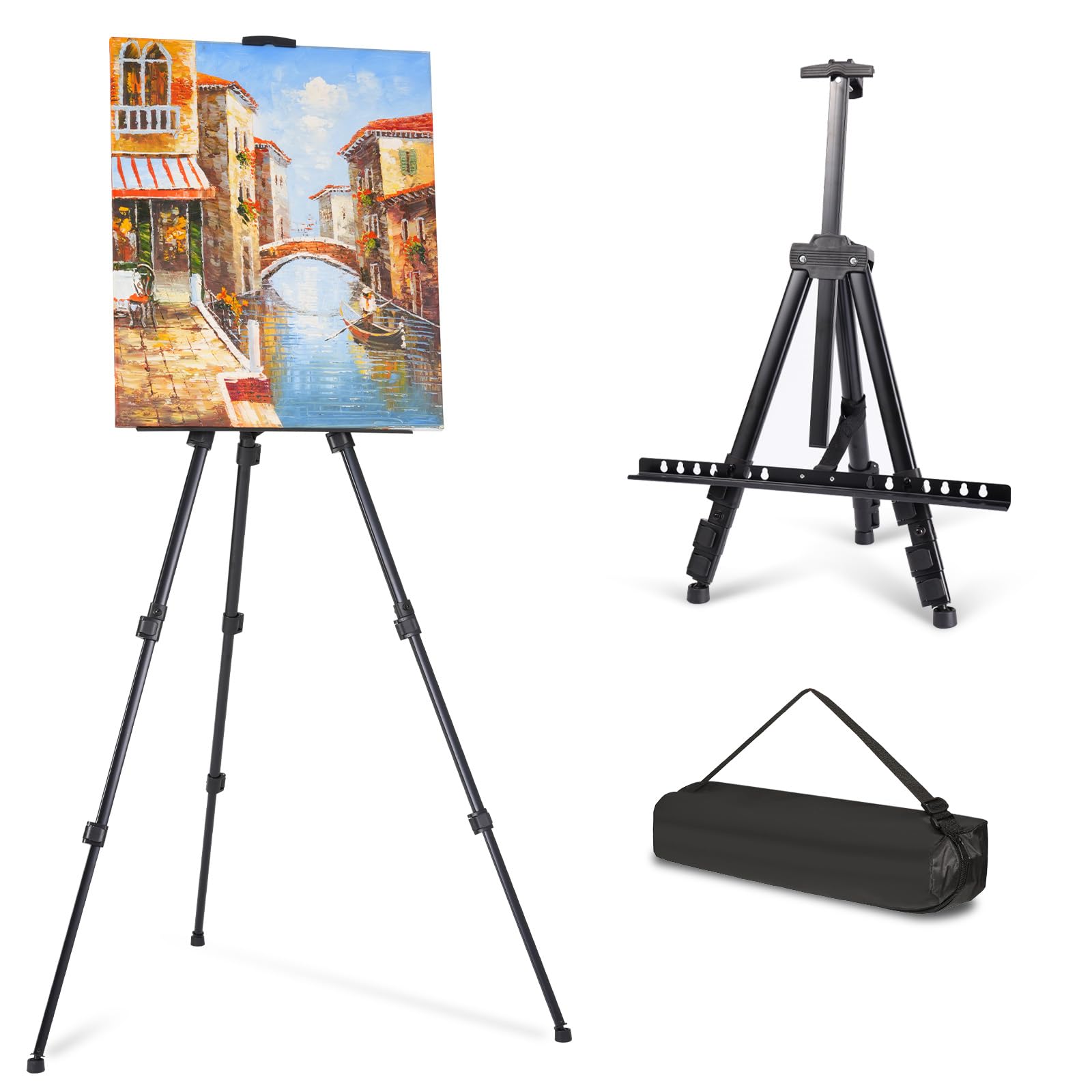 Photo 1 of Art Painting Artist Easel Stand, Portable Adjustable Height Painting Easel with Bag, Height from 17 to 66 Inch, Metal Tripod, Black