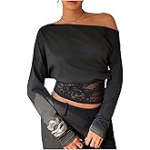 SHENHE Women's Off The Shoulder Contrast Lace T Shirts Dolman Long Sleeve Tight Hem Party Tops