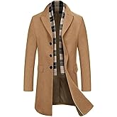 COOFANDY Men's Wool Blend Coat with Detachable Plaid Scarfs Notched Collar Single Breasted Pea Coat Trench Overcoat