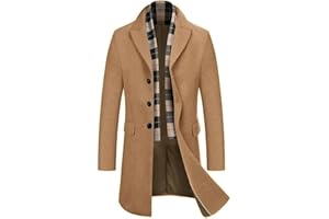 COOFANDY Men's Wool Blend Coat with Detachable Plaid Scarfs Notched Collar Single Breasted Pea Coat Trench Overcoat