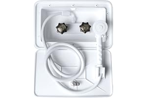 EXCELFU RV Outdoor Shower Exterior Shower Box Kit with Camper RV Outside Showers Faucet Valve + Coiled Hose + Sprayer Head + Lock, Replacement for Camper, Van, Travel Trailer, Motorhome and Boat,White