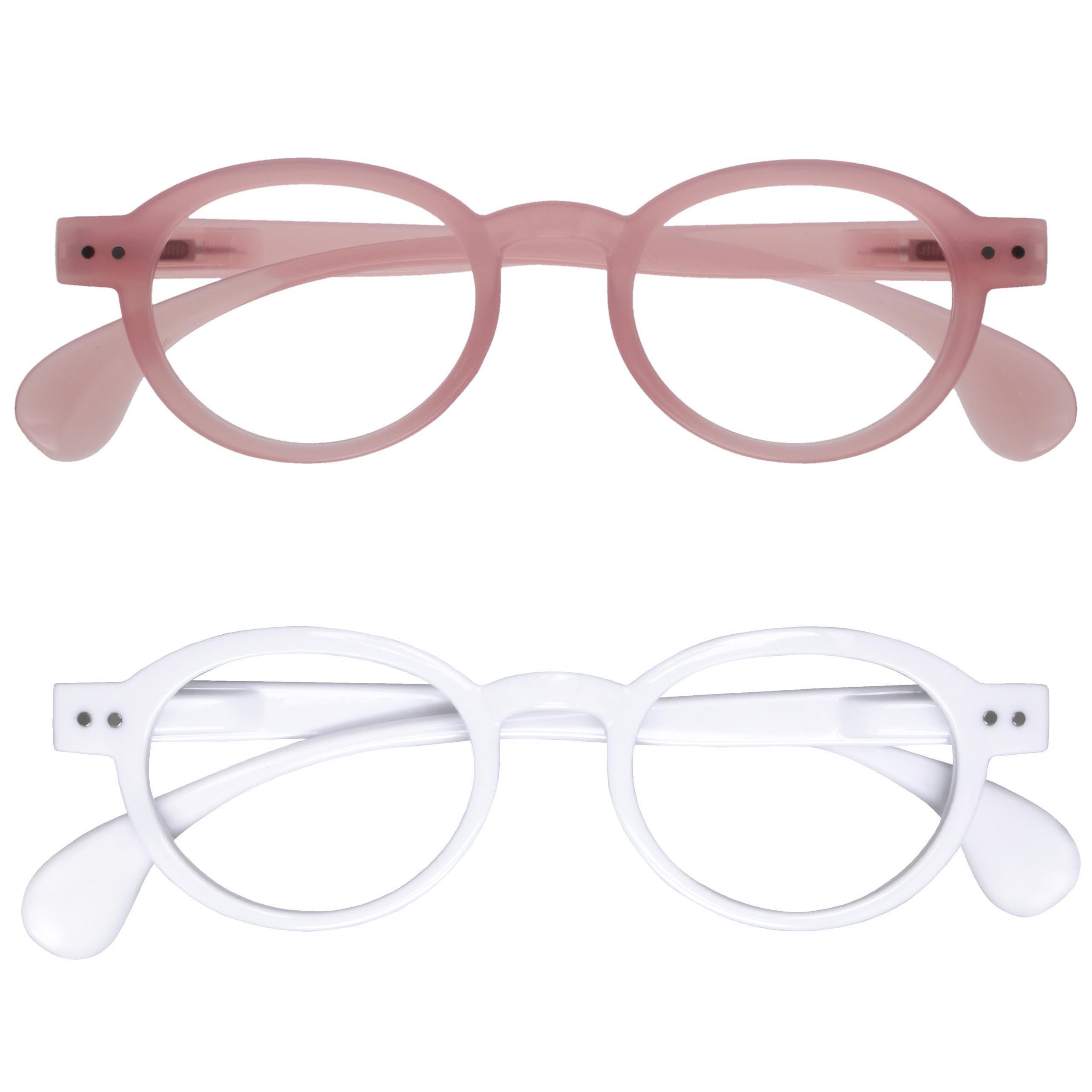 OPULIZE OCA Reading Glasses - 2-Pack - Modern Retro Round Frame - Pink White - Mens Womens - Spring Hinges - RR54-4W - +1.00