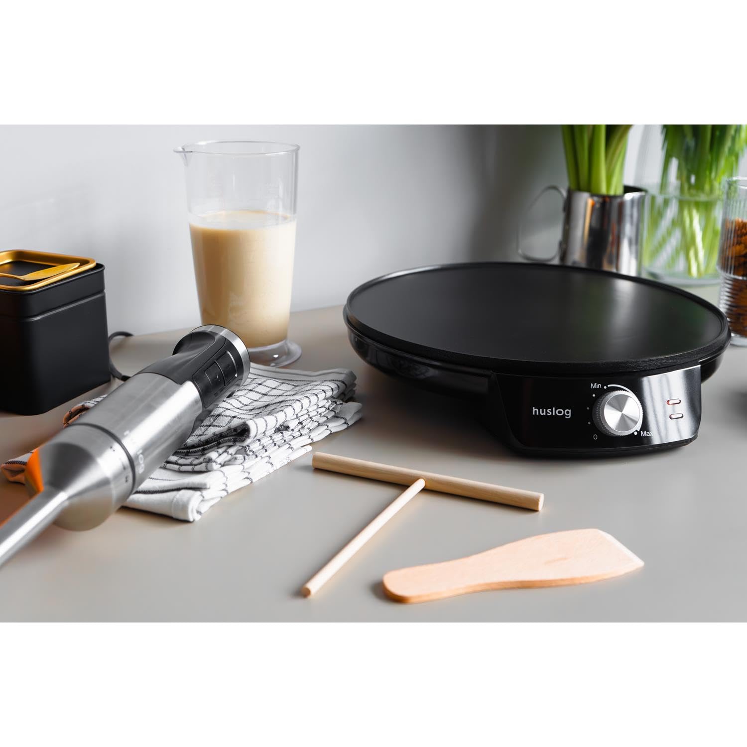 Huslog Crêpes Maker für Crepes 29 cm Crepesmaker 1200W Crepes-Eisen für süße Crepes mit Verteiler und Wender Pfannkuchenmaker herzhafte Galettes Antihaft-Platte Schwarz 5