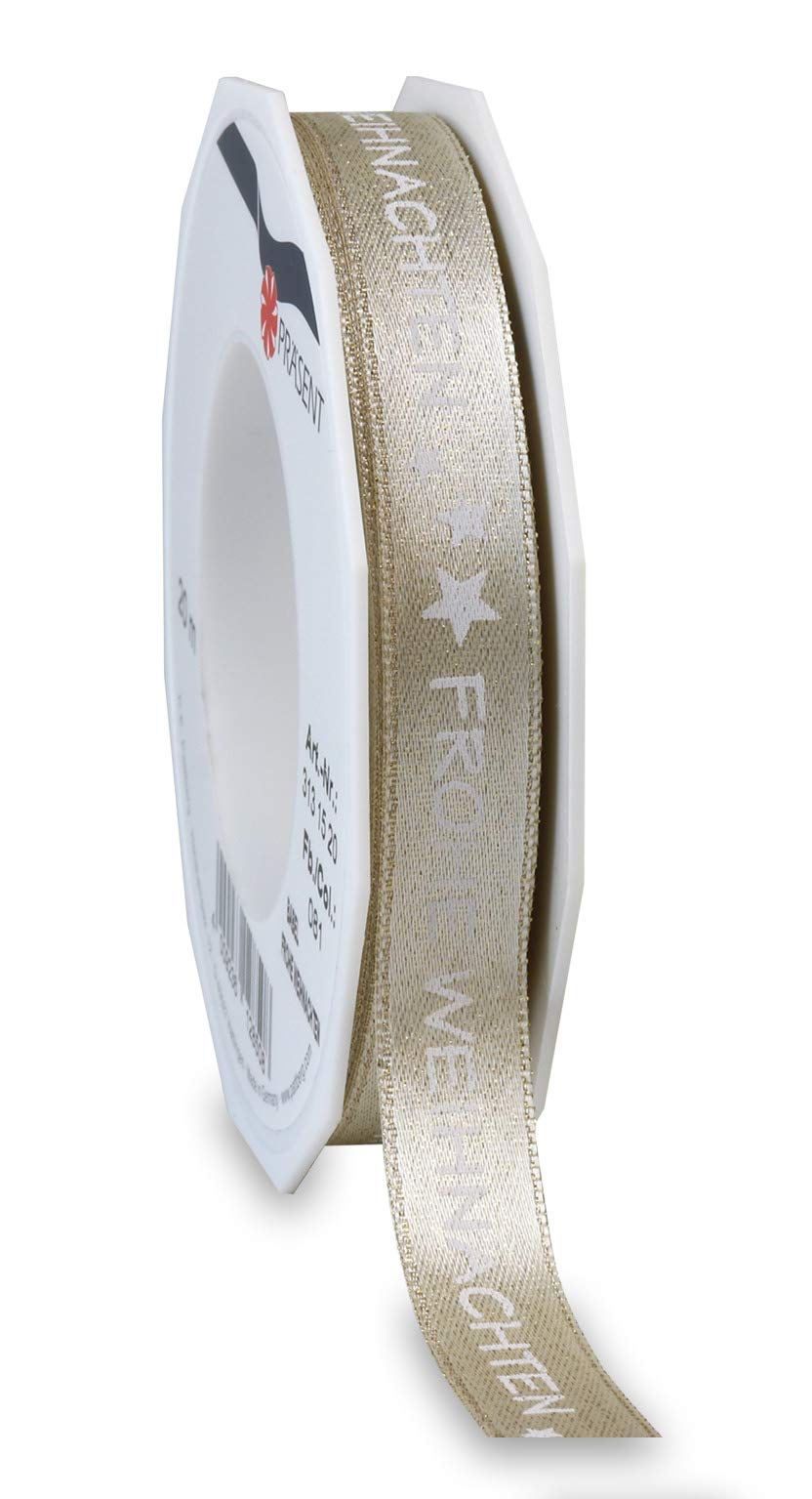 Präsent - Babel Printed Satin Ribbon Gold 15 mm Width, 20 m Length
