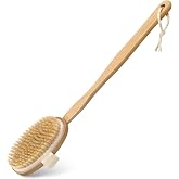 Dry Brushing Body Brush with Long Handle, Natural Bristle Back Brush | Wooden bath brush with hand strap, hanging rope, back reach and light exfoliating for pre-shower self care