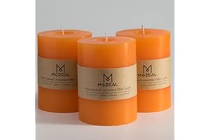 MOZEAL 3" x 4" Hand-Poured Unscented Candle,Dripless Pillar Candle Set of 3,Long Clean Burning,Approx 72 Hours Burn Time,Rustic Country Style,Wedding,Dinner,Christmas and Home Decor,Orange