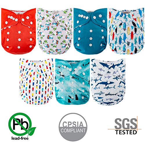 Surfs Up Cloth Pocket Diapers 7 Pack, 7 Bamboo Inserts, 1 Wet Bag by Nora's Nursery