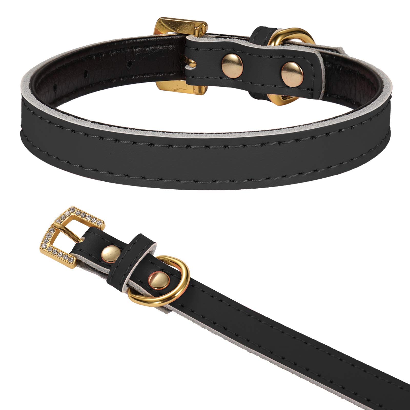 LOVPE Golden Rhinestone Buckle with Comfortable Padded Leather Pet Collars Dog Collar/Cat Collar for Cats Puppy Kitty Small Medium Dogs (S, Black)
