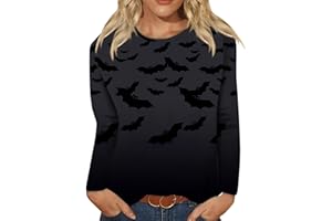 GENERIC Heevina Halloween Long Sleeve Shirts for Women Crewneck Floral Pumpkin Bats Spiders Printed Halloween Shirts Woman