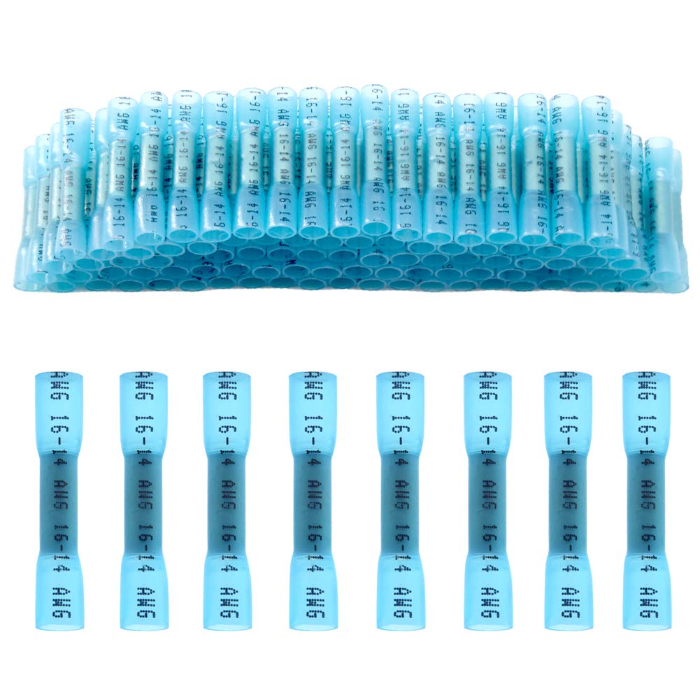 CEEYSEE 100Pcs of Blue Heat Shrink Butt Connector 16-14 AWG Insulated Waterproof Marine Automotive Wire Crimp Terminal（RTL)