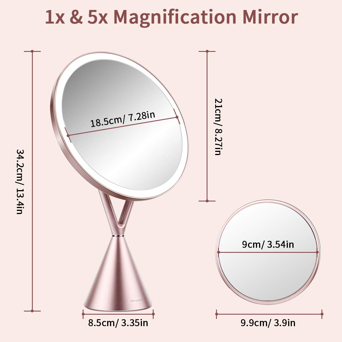 morpilot Kosmetikspiegel mit LED Beleuchtung, 5 Facher Vergrößerung mit Licht Schminkspiegel beweglich und 45° schwenkbar Kosmetik Mirror Batterie-Betrieb Via Touch-Screen Kosmetikspiegel