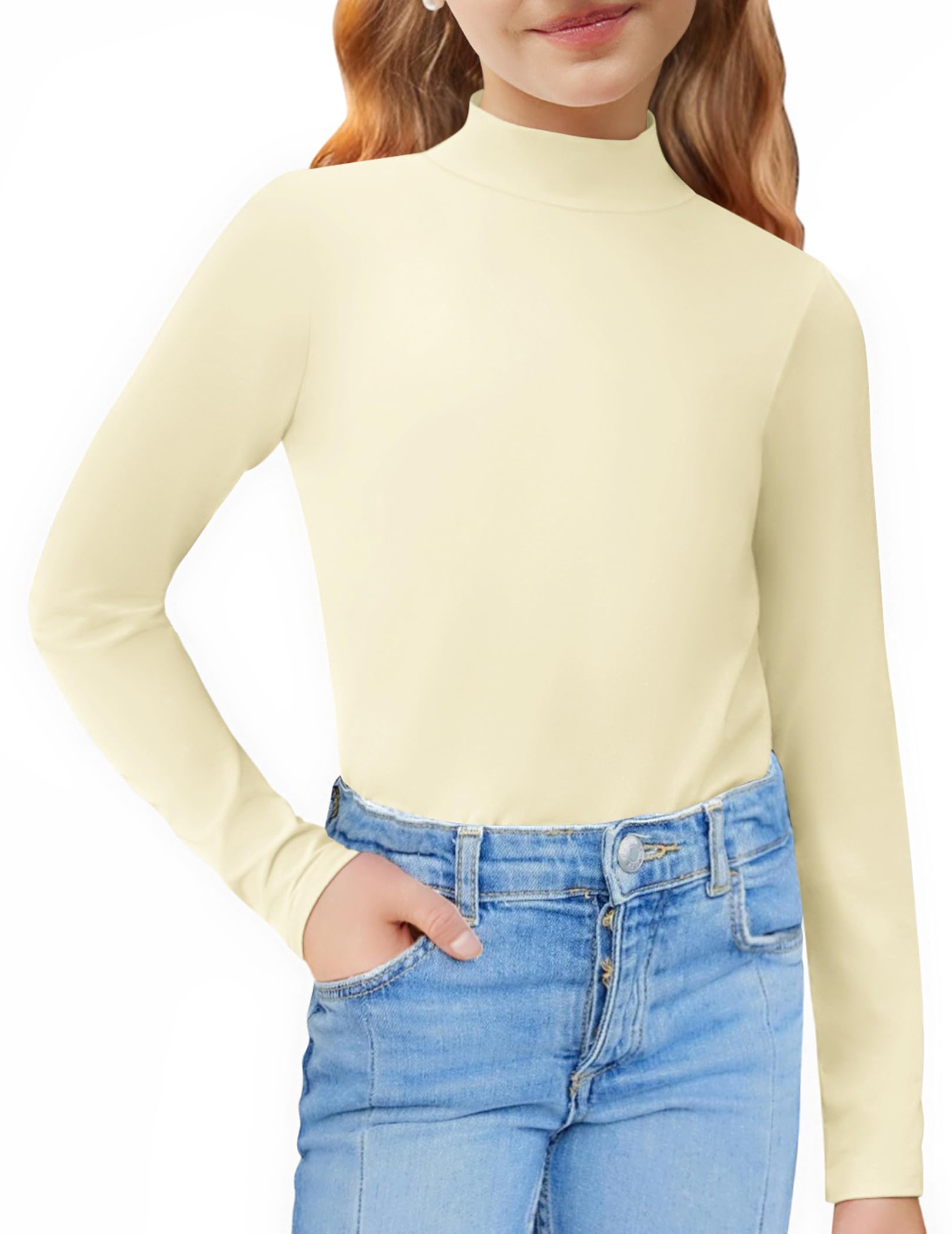 Photo 1 of Arshiner Girls Mock Turtleneck Tops Long Sleeve Mock Neck Shirt Slim Fit Base Layer Beige 7-8 Years