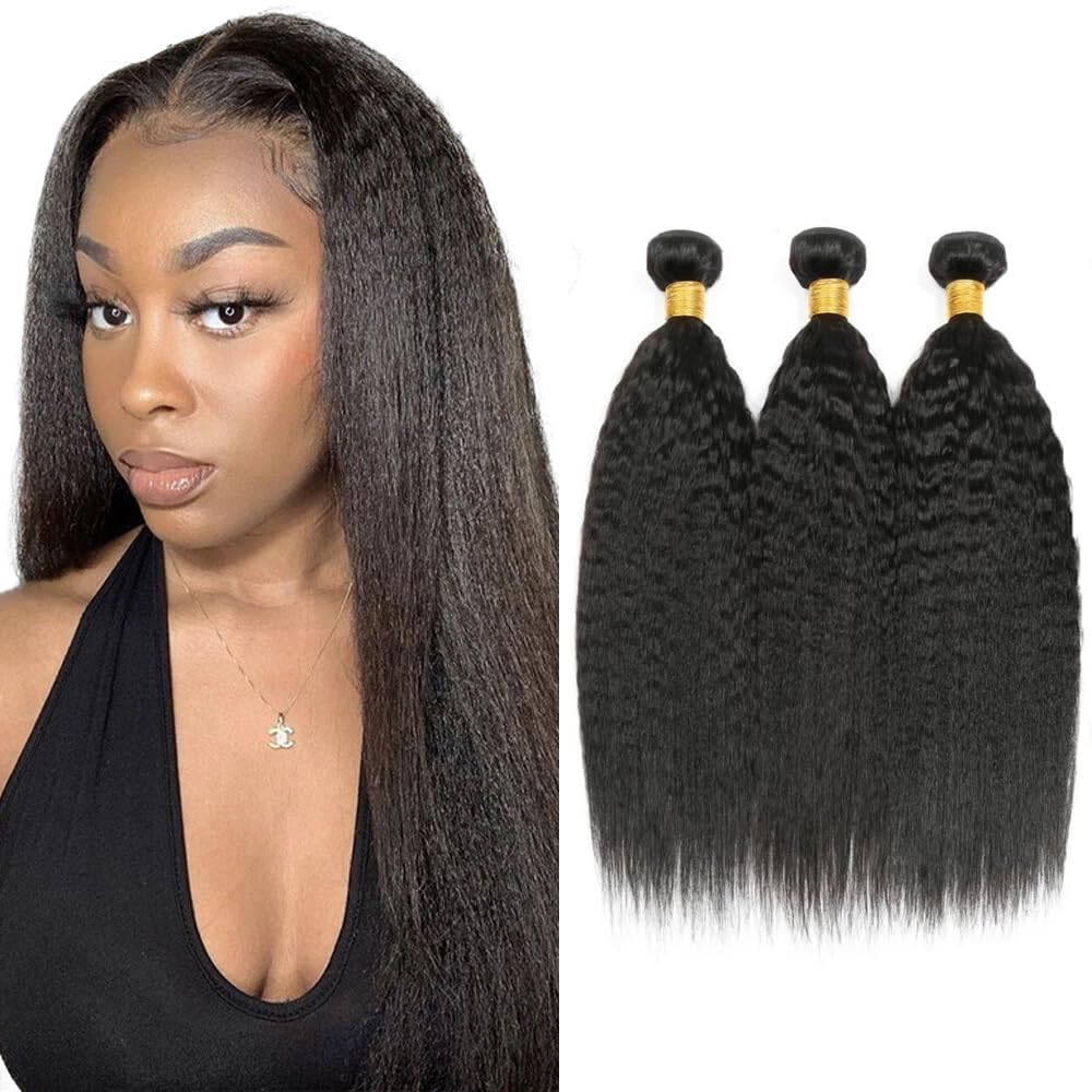 Photo 1 of #1B Human Hair Bundles Kinky Straight Bundles 12 14 16 Inch Unprocessed Brazilian Virgin Hair Weave 3 Bundle Natural Color 50 Grams Per Bundle Yaki Straight Human Hair Extensions