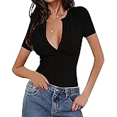 INFITTY T Shirts for Women Short Sleeve V Neck Ribbed Knit Button T Shirts Solid Color Summer Tops