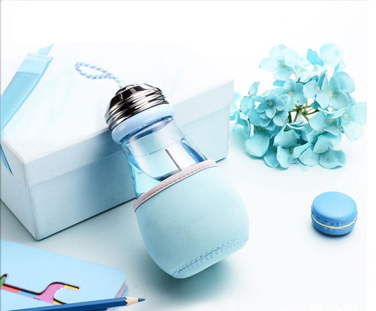 Keemanman Creative Bulb Cup,BPA Free Glass Travel Tea Mug,Cute Water Bottle with Neoprene Sleeve 14 Ounce (blue)