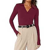 Meetrendi Womens Long Sleeve Shirts Slim Fitted Business Casual Work Tops Collared V Neck Polo Shirt 2025 Fall Outfits