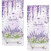 qiuhuang Lavender Hand Towels Set of 2 Lightweight Breathable Purple Floral Bath Towels Highly Absorbent Butterfly Lavender Towels for Bathroom Gym Hotel Decorative 28.7x13.7 Inch