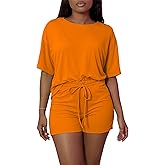 Ulovmi Womens Two Piece Sets Summer Short Sleeve Tops Biker Short Matching Casual Lounge Outfit