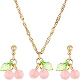 IXDEAXLY Raspberry Strawberry Cherry Earrings Necklace Jewelry Set Resin Gingerberry Charms Fruit Earrings Necklace for Women Accessories