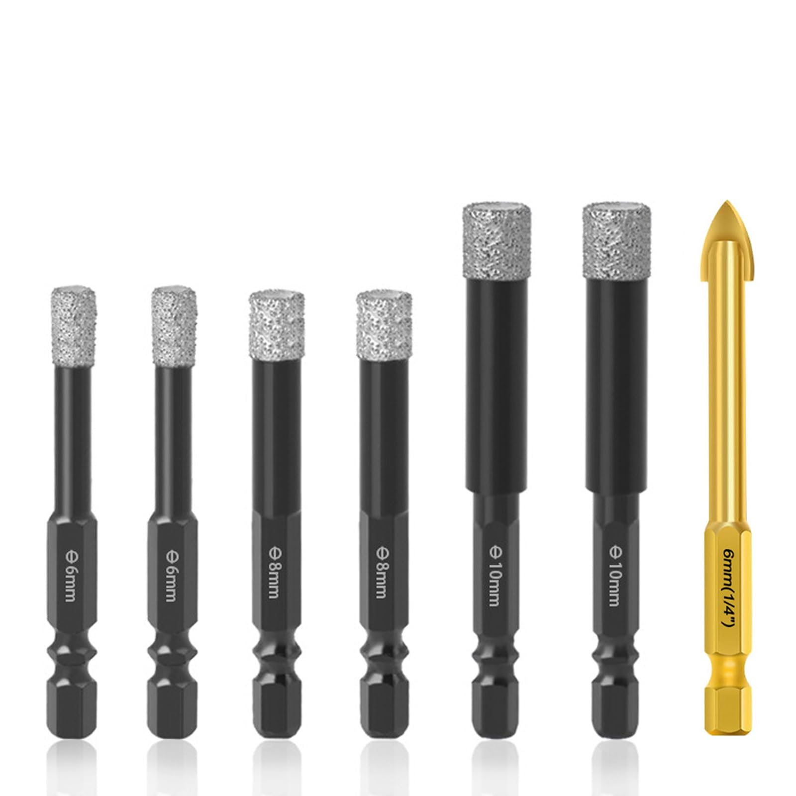Diamond Drill Bit Set, Tile Drill Set, 6 Pieces (6/6/8/8/10/10 mm) with 6 mm Carbide Drill, Hexagonal Shank, Diamond Drill Bit Set, Diamond Drill Bit Tile Drill for Ceramic, Granite, Porcelain Tiles