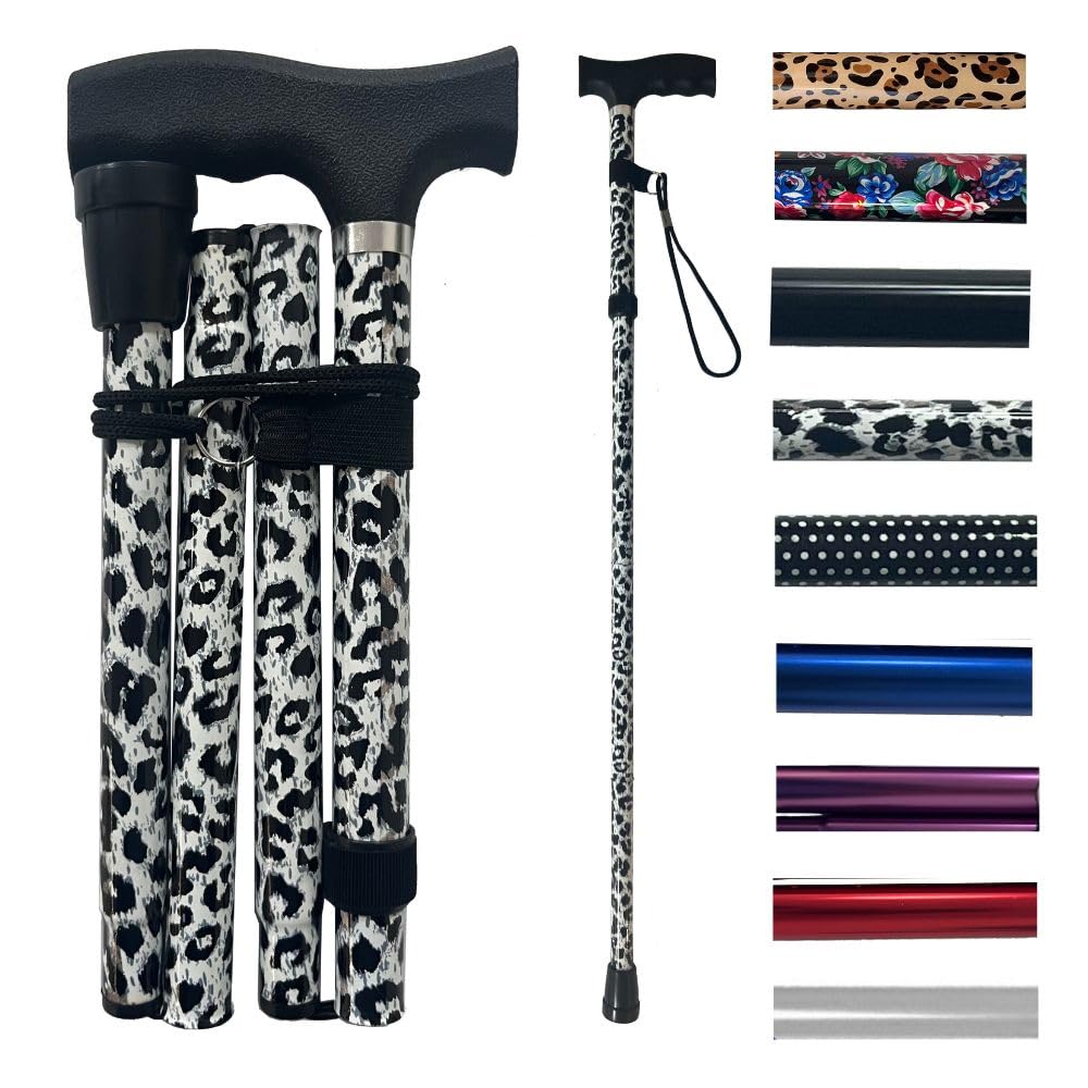 Life Healthcare Folding Walking Stick–Adjustable Height Lightweight Aluminium Cane for Elderly Disabled Men & Women–Non-Slip Rubber Tip Ergonomic Handle & Travel-Friendly Design (Black Leopard)