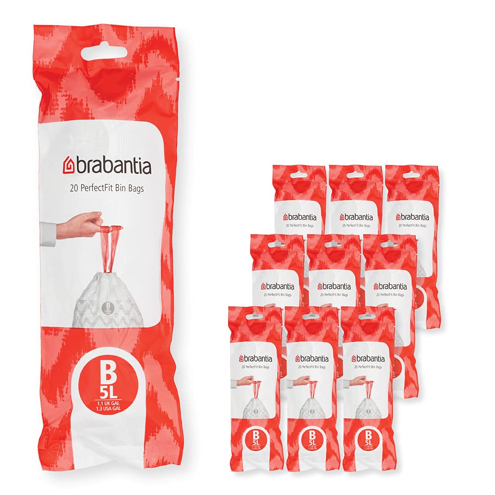 Brabantia 100314 PerfectFit Bin Liners Multipack (Size B/5 Litre) Thick Plastic Trash Bags with Tie Tape Drawstring Handles (200 Bags), White