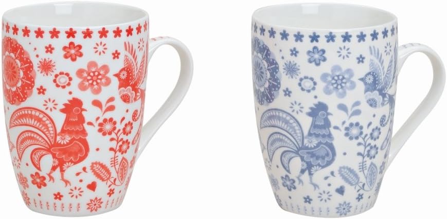 10 CM Ø8cm Cups 300 ml Superwhite Porcelain Mugs, Set of 4, Red / Blue / White with Retro Motif, Dishwasher-Safe