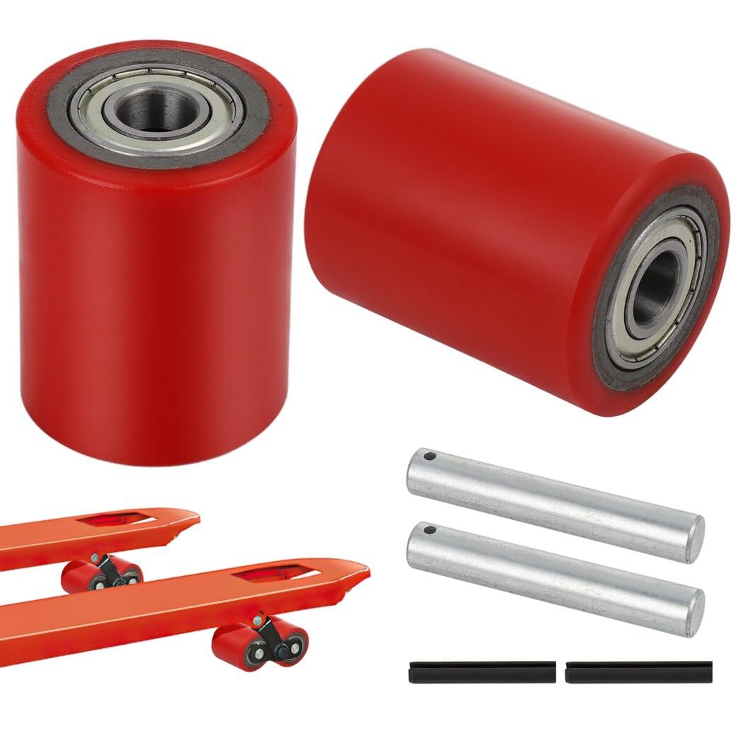 Photo 1 of 1 Pair Pallet Jack Load Wheels, Manual Pallet Jack Truck Wheels 3” x 3.75” with Bearings ID 20mm, Pallet Jack and Lift Truck Rear Wheel Replacement, Red(1 Pair)