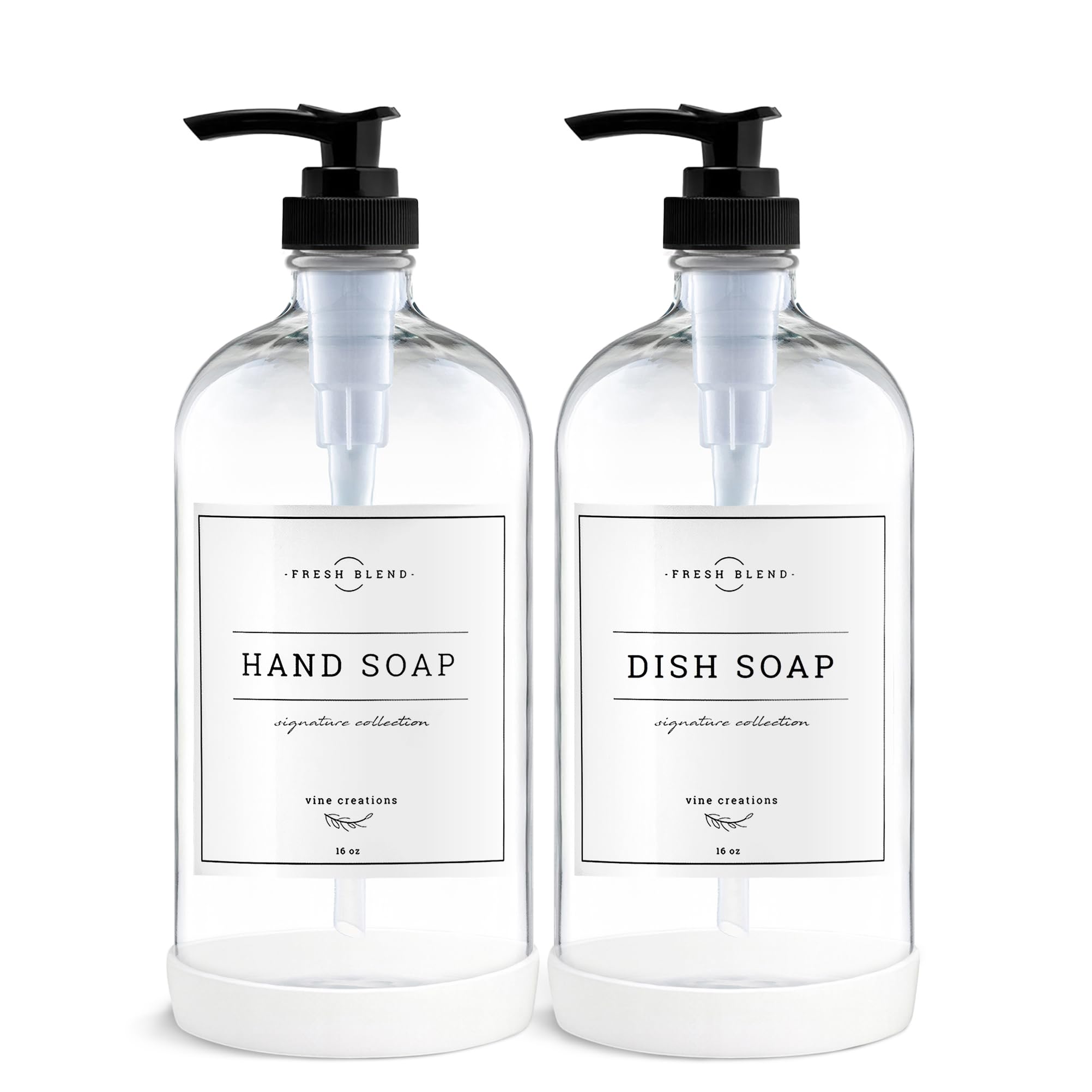Vine Creations Clear Glass Soap Dispenser, 2 Pack Kitchen Soap Dispenser Set with Rustproof Pump, 16 oz Dish Soap and Hand Soap Dispensers for Bathroom with Waterproof Labels