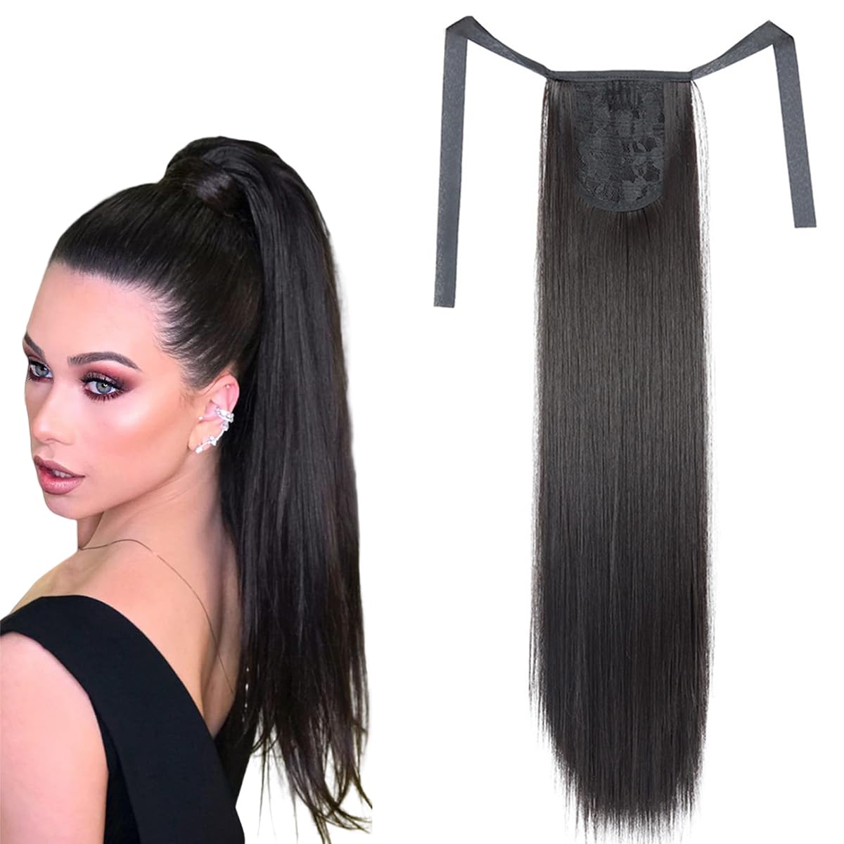 prinfantasy Ponytail Extension 22 Inch Wrap Around Long Straight Pre Stretched Hair Extensions Strap High Heat Synthetic Hairpiece for Women Black Brown,GBMW033
